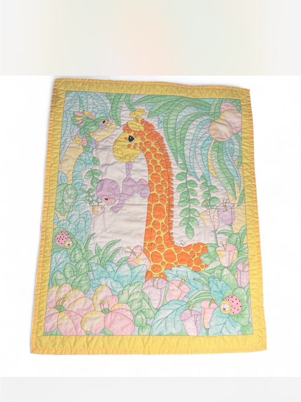 Vintage Yellow Giraffe Baby Quilt - Pastel Jungle Nursery Blanket